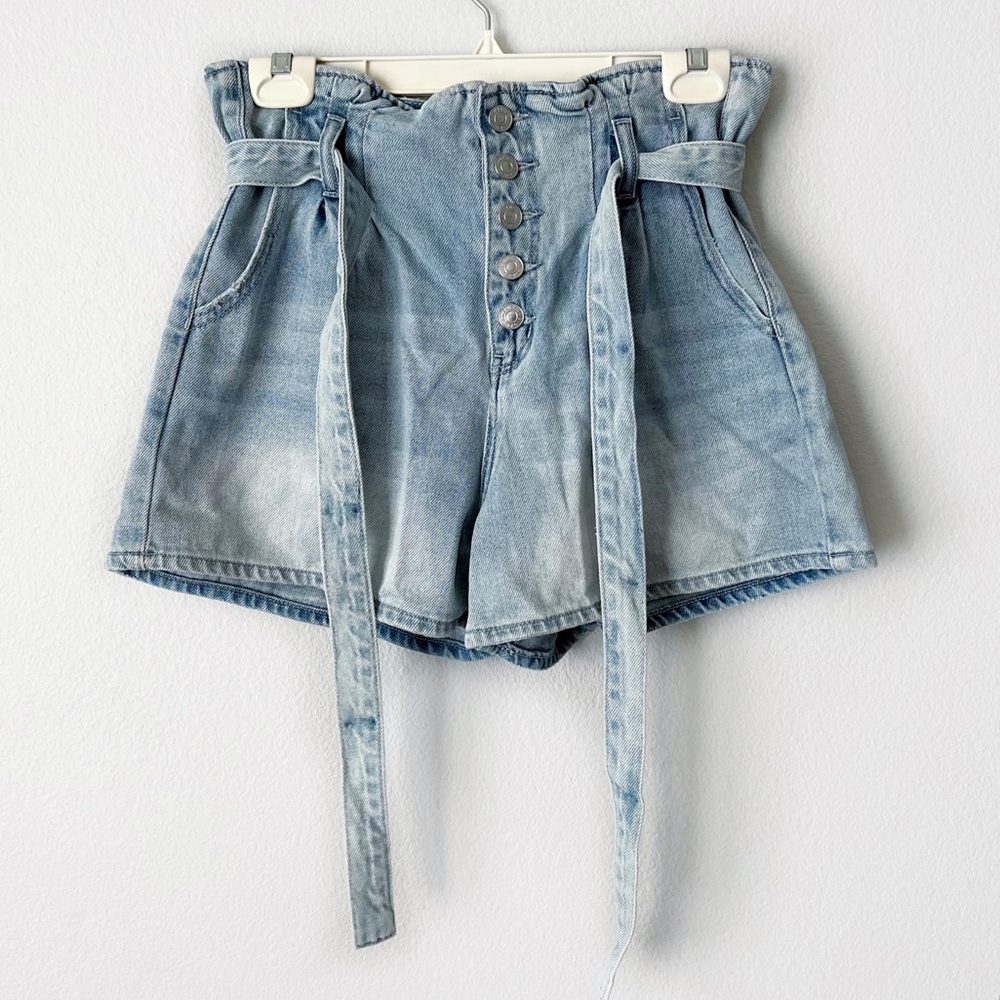 American Eagle High Rise Paper Bag Waist Button Fly Cotton Denim Shorts … - Picture 3 of 12